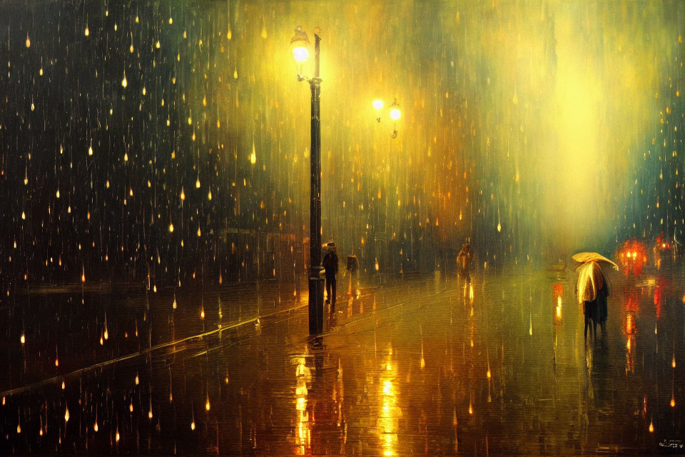 Rainy evening painting: Street lamps, umbrellas, and wet reflections