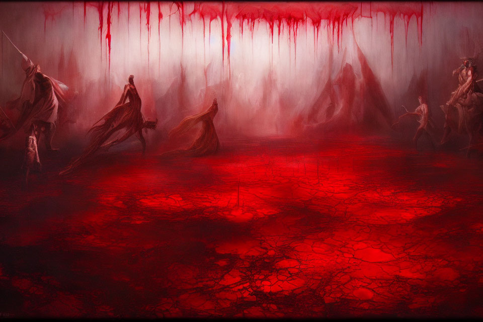 Red-Toned Artwork: Robed Figures in Desolate Landscape with Ominous Drapery