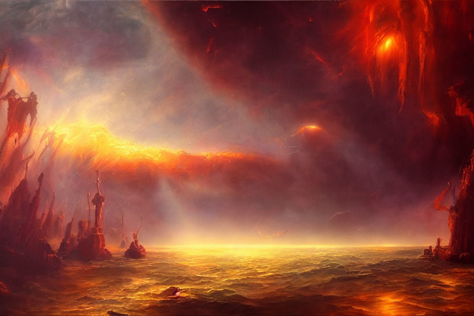 Dramatic fiery landscape with molten sea and red sky