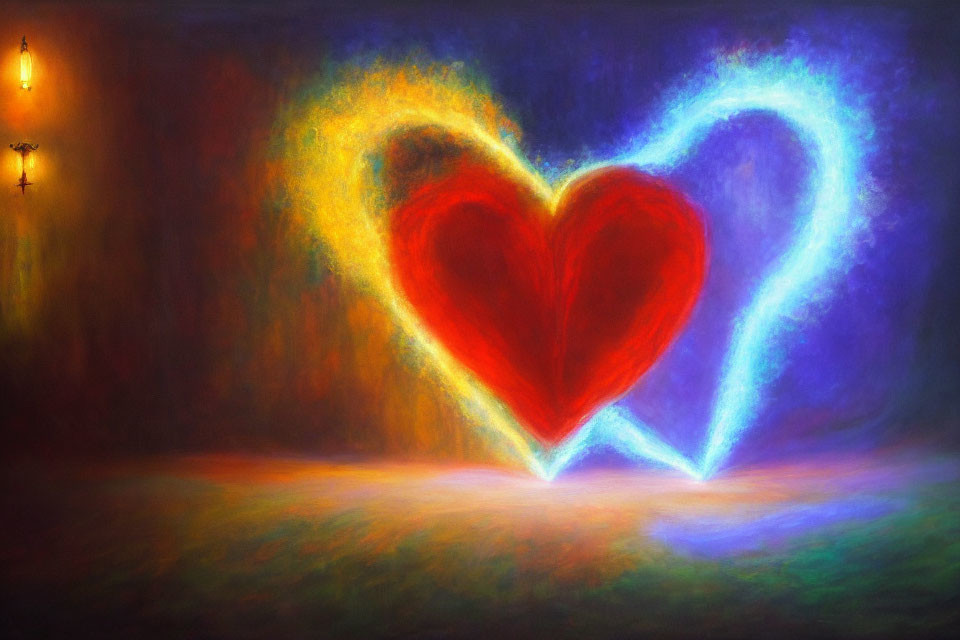 Impressionistic painting of vibrant red heart in blue outline on warm colorful background