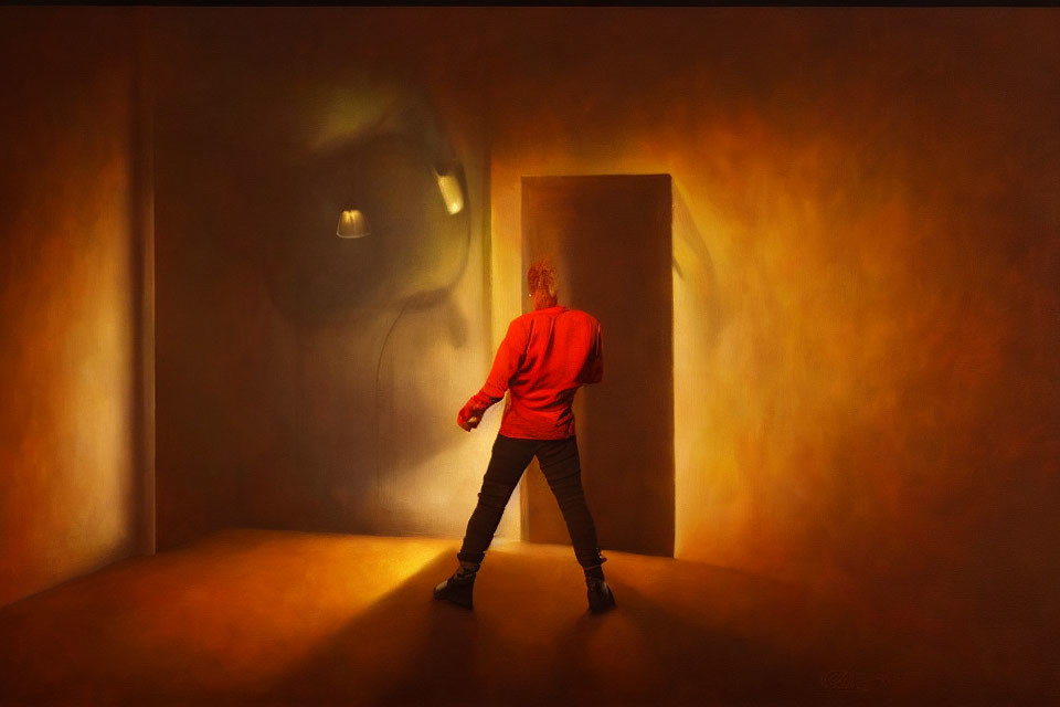 Person in Red Hoodie Casting Shadow in Front of Brightly Illuminated Door