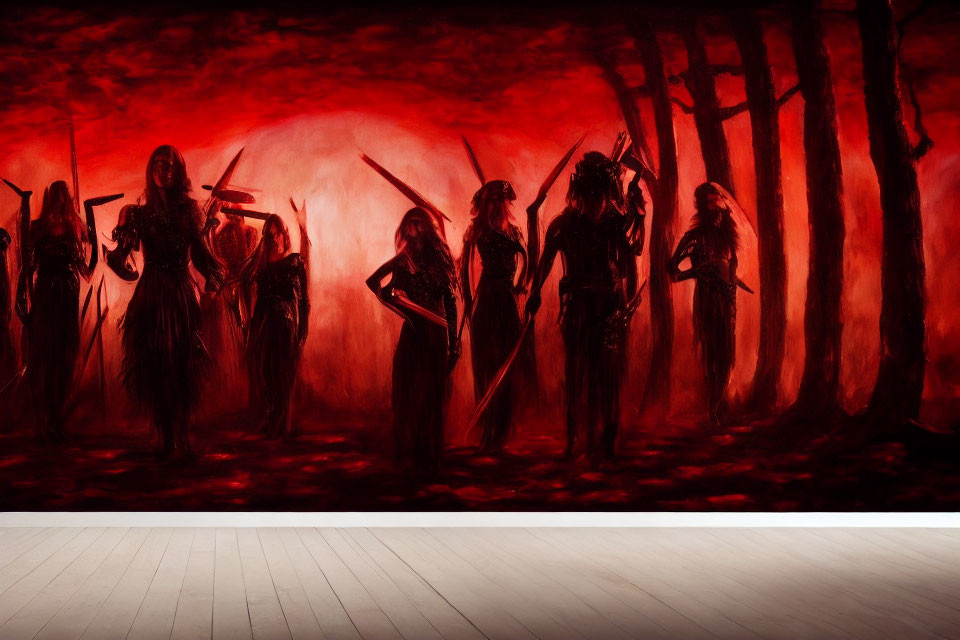 Silhouetted Figures in Red and Black Mystical Forest