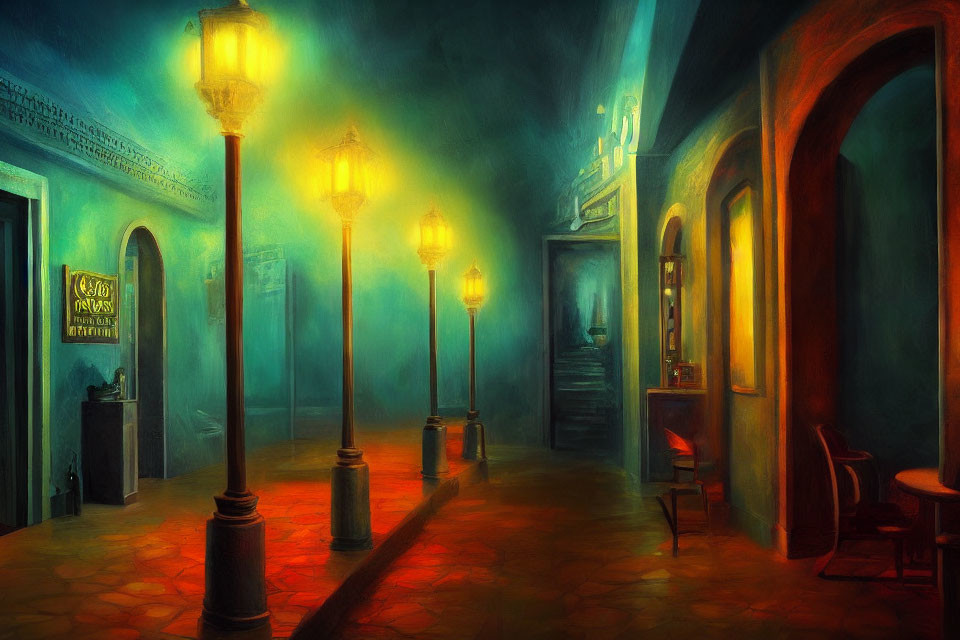 Nighttime street scene with glowing lamps and warm-toned buildings