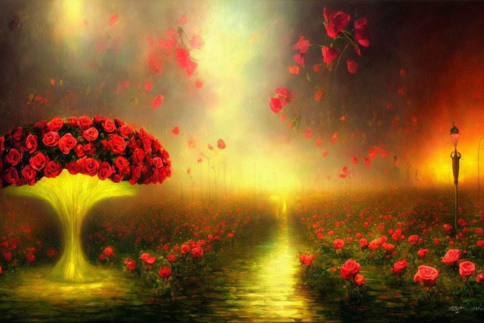 Fantastical painting of glowing path lined by rose bushes and tree with red rose canopy under misty