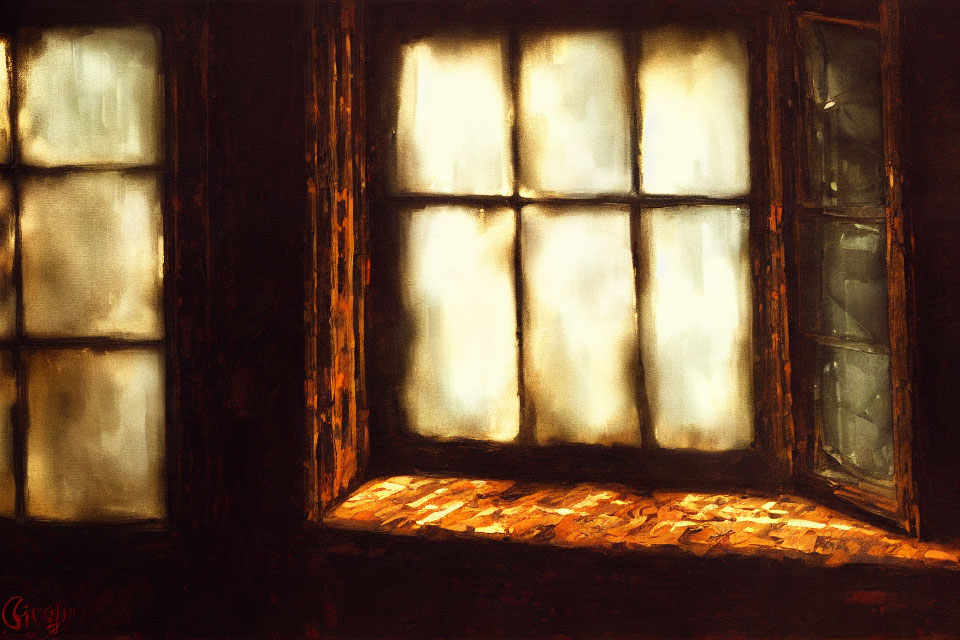 Warm-Toned Painting of Illuminated Window in Dark Room