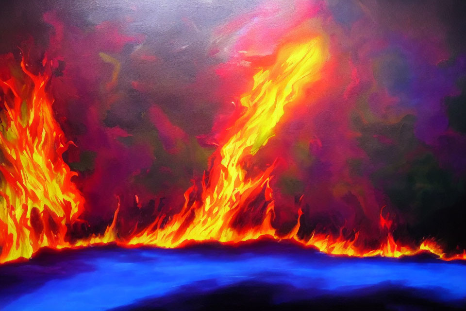 Vivid orange and yellow flames on dark purple and blue background