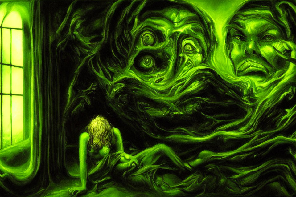 Surreal green-hued artwork of figure by window with haunting faces