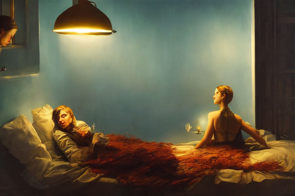 Two women in bedroom with blue walls, one sleeping and one sitting pensively with a glass.