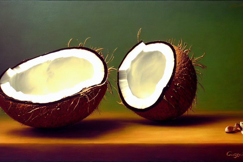 Sliced Open Coconut Painting on Wooden Surface