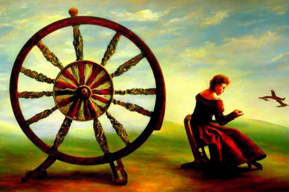 Woman in red dress by spinning wheel on grassy hill at dusk with bird.