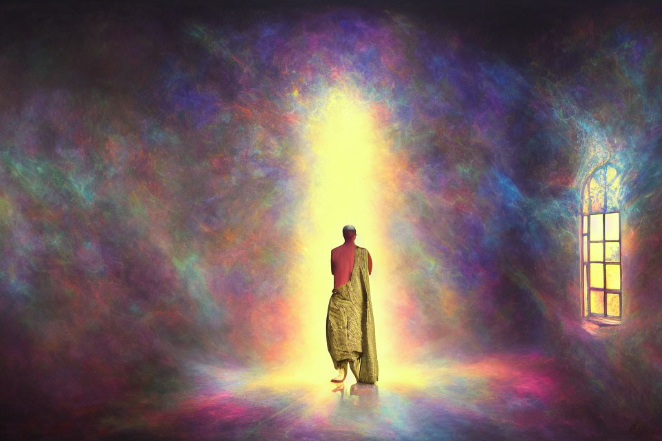 Person in traditional attire in mystical, colorful room with beam of light