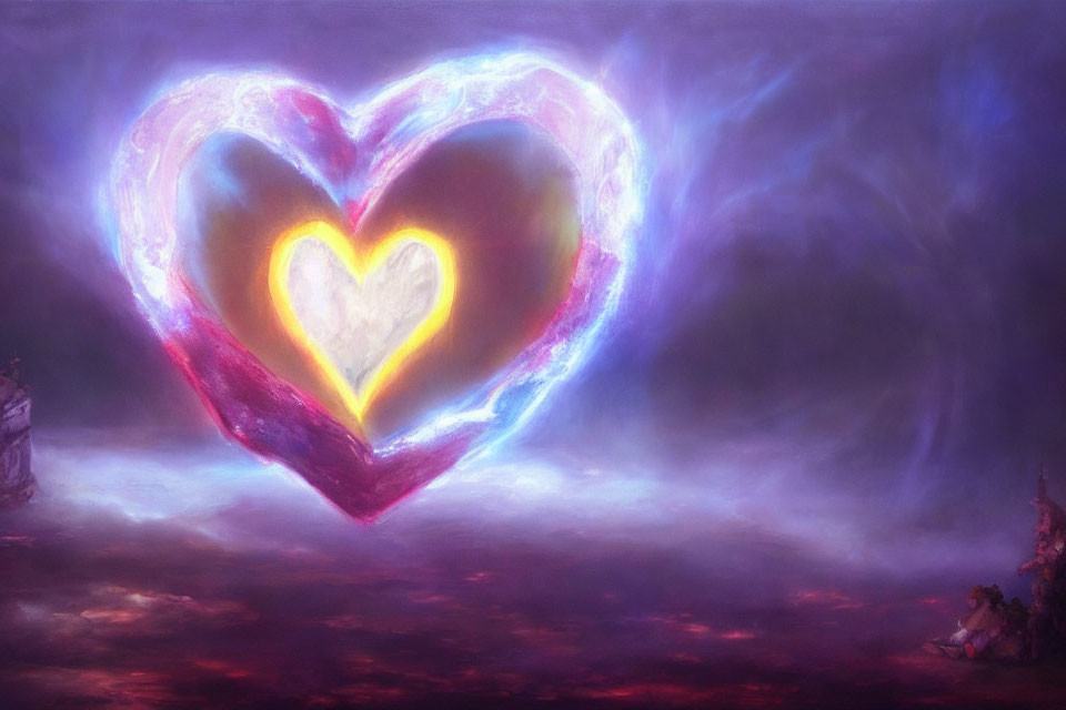 Luminous heart artwork with glowing layers on purple cloudy backdrop