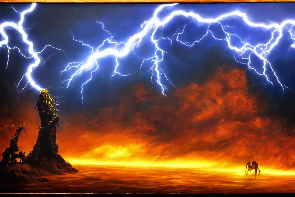 Intense lightning above figure on horseback in stormy scene