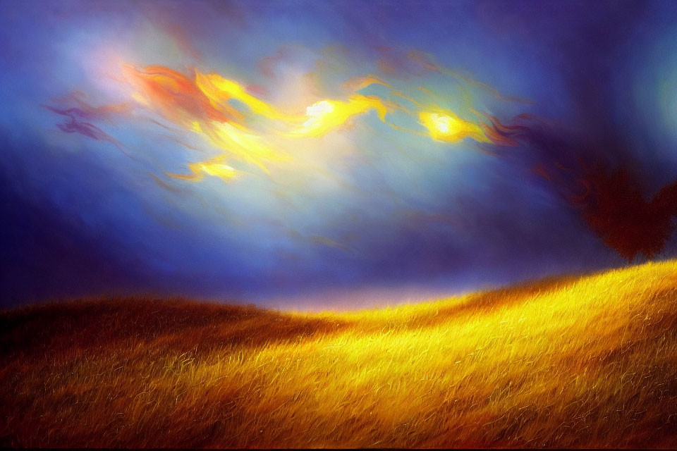 Golden Field Under Vibrant Blue Sky with Fiery Red and Orange Clouds