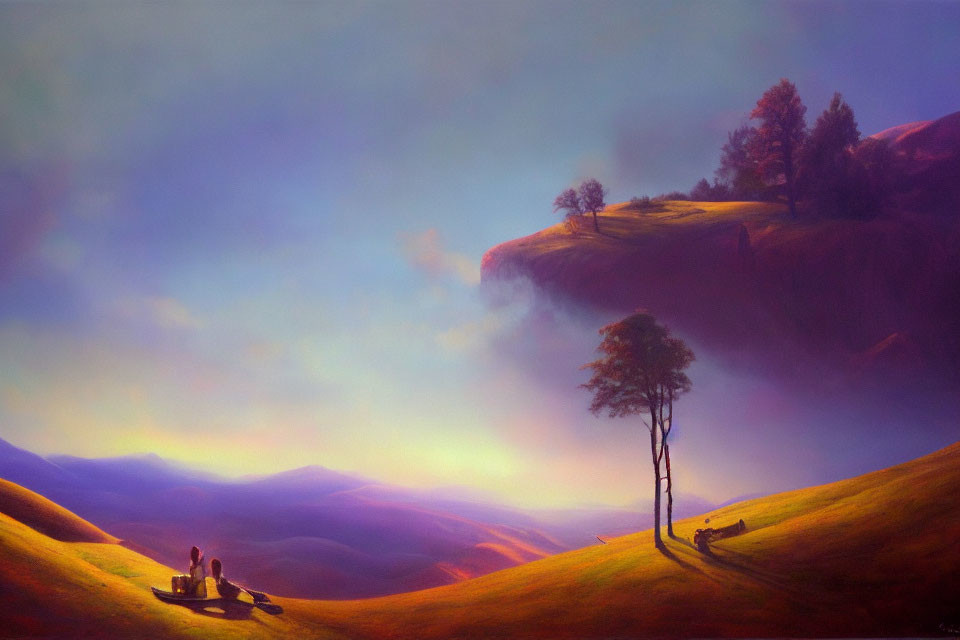 Tranquil landscape with rolling hills, two people, and lone tree