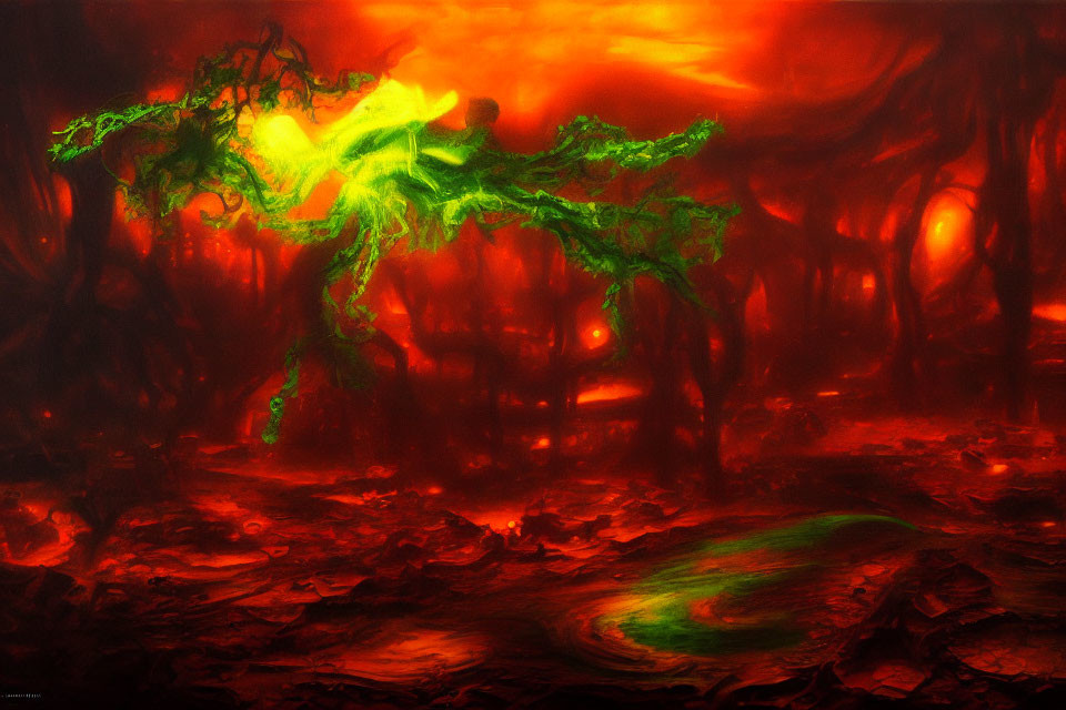 Fiery red skies, dark trees, and ethereal figure in hellish landscape