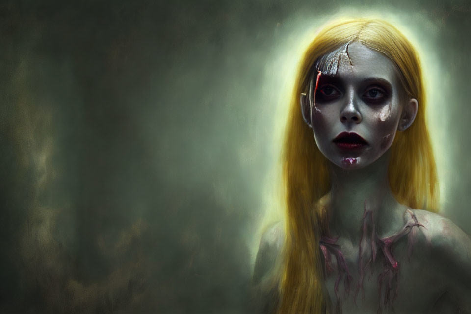 Pale figure with yellow hair, haunting eyes, dark makeup, scars, and dermal gem.