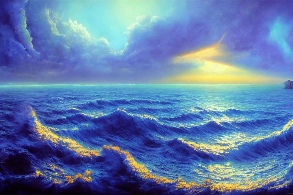 Colorful digital artwork of ocean scene at sunrise/sunset