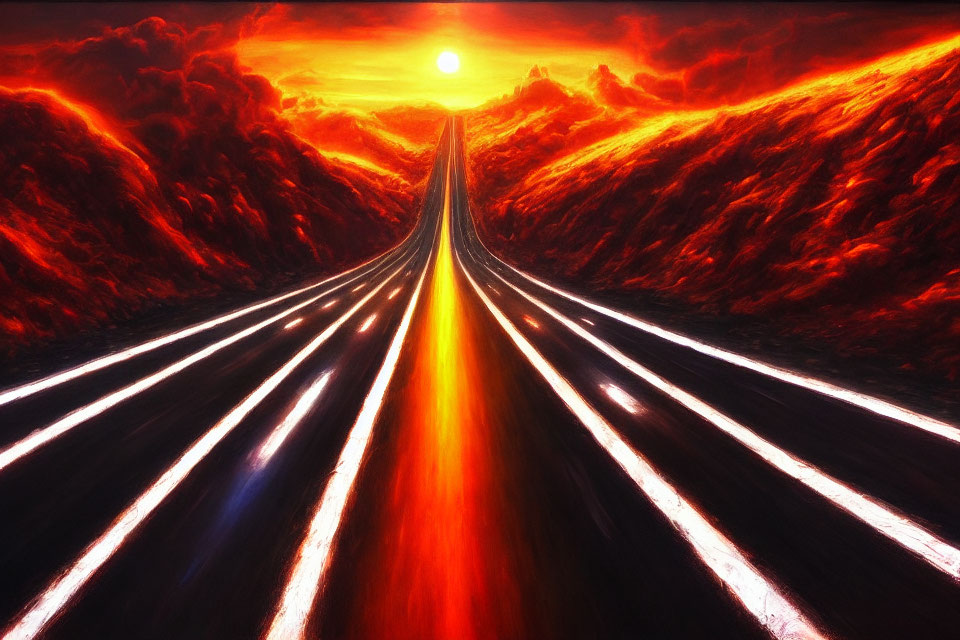 Surreal highway painting with brilliant sunset and flame-like clouds