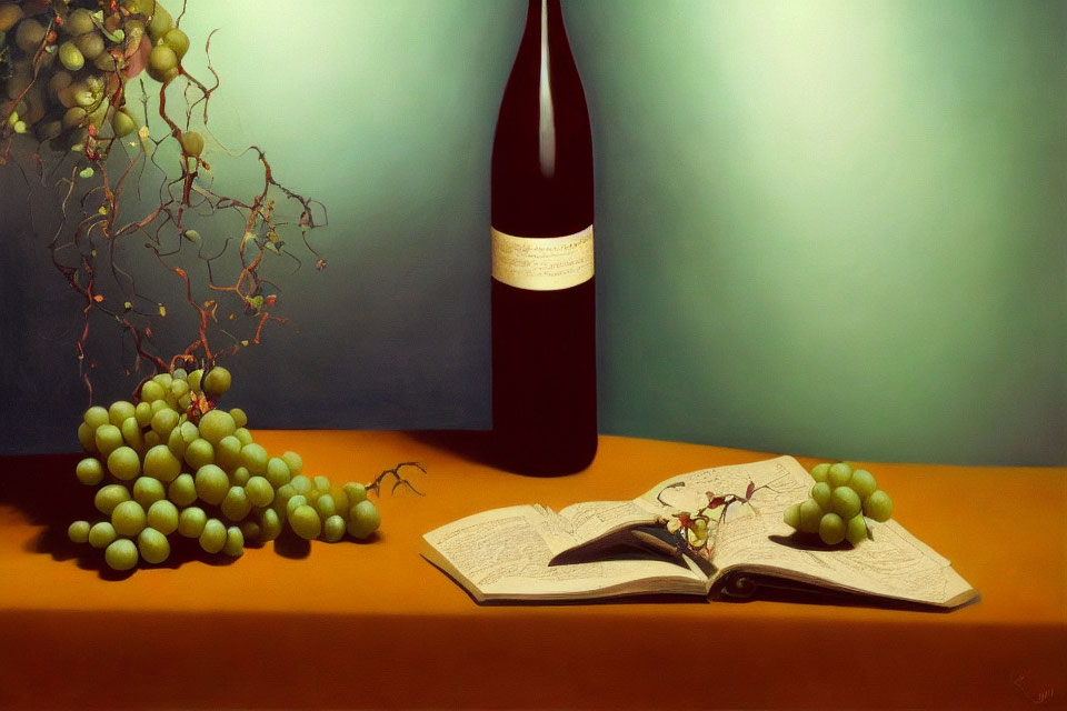 Still-life composition: grapes, open book, wine bottle on table