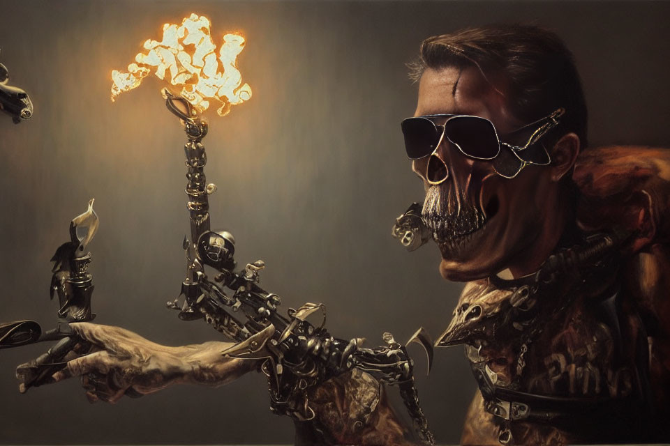 Skeletal figure with sunglasses, fiery explosion, and mechanical arm holding objects