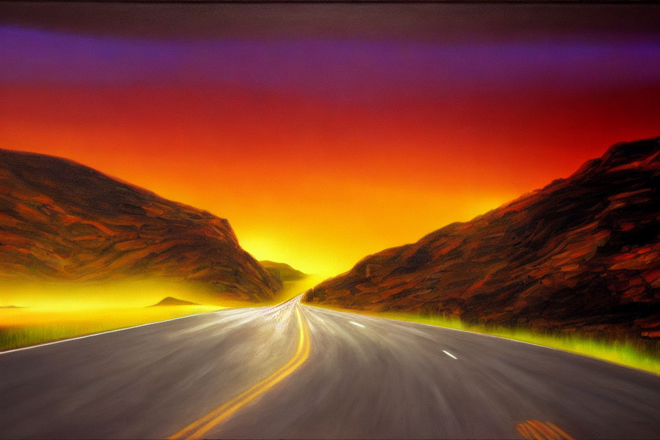 Scenic sunset painting: road, cliffs, colorful sky