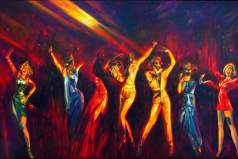 Six individuals dancing in vibrant painting under dramatic lighting