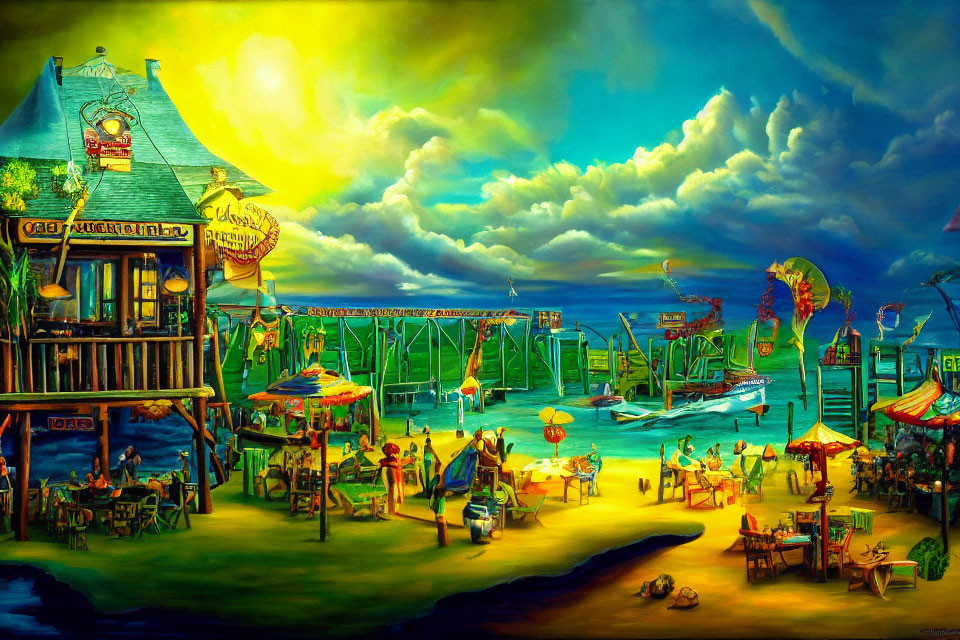 Colorful beach scene with pier, umbrellas, bar, and boats under yellow-green sky.