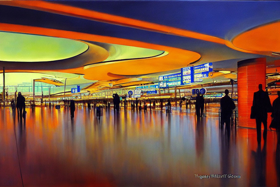 Colorful illuminated airport terminal with reflective floors and passengers in silhouette.