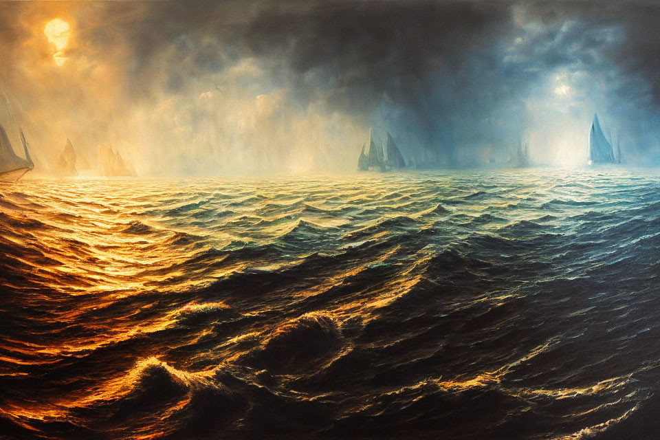 Dramatic seascape with sailing ships and fiery sun in stormy sky