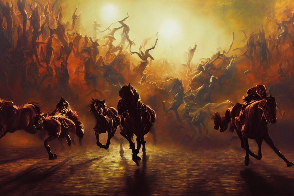 Dark horses running wildly with human-like figures in an ominous setting