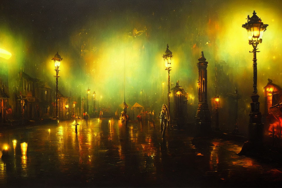 Vintage lampposts illuminate rainy cobblestone street at night