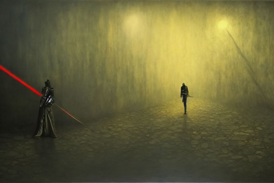 Dim stone-paved area with two figures facing off under moody yellow light and foggy atmosphere