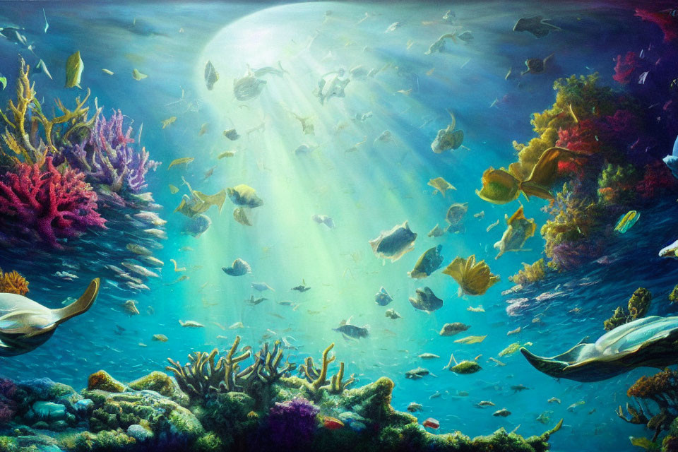 Colorful Coral Reefs and Fish in Sunlit Underwater Scene