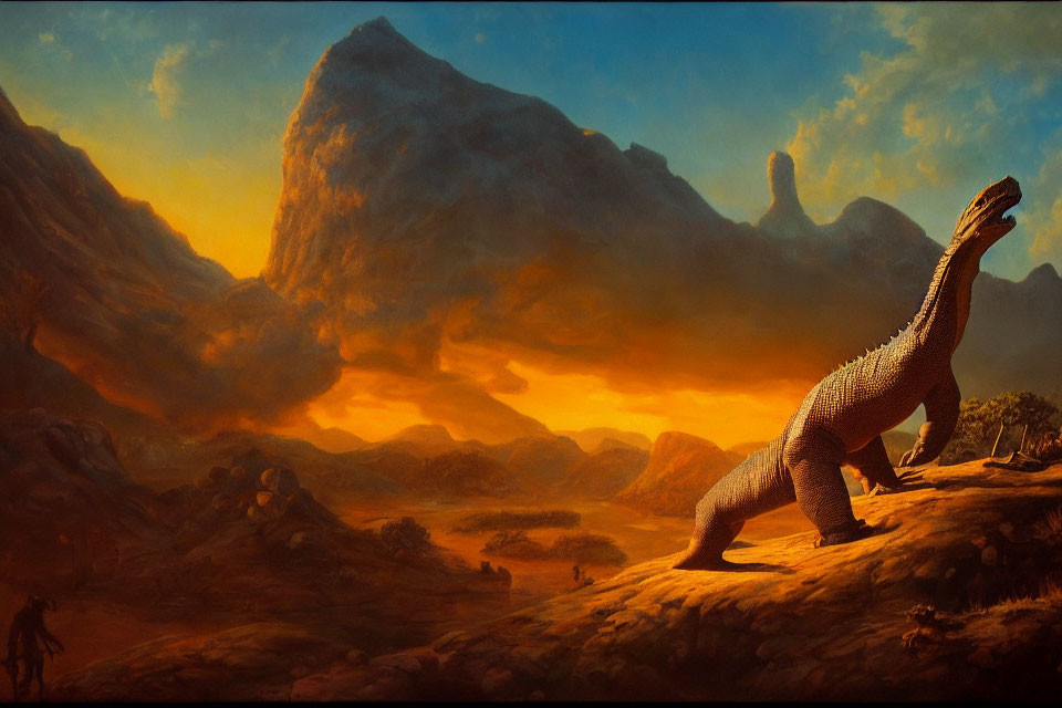 Majestic dinosaur overlooking dramatic sunset with hilly landscapes