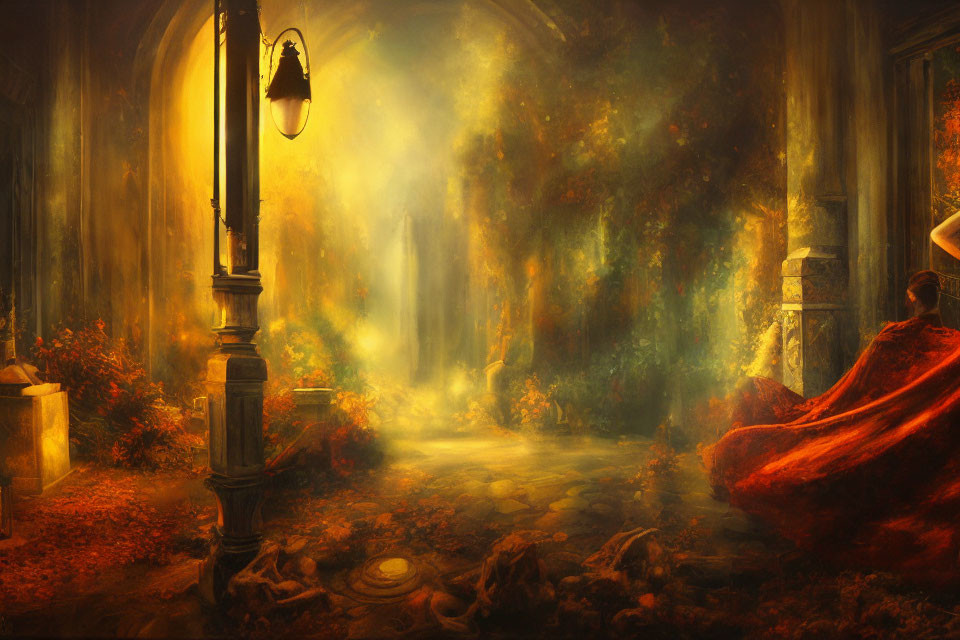 Enchanting forest scene with street lamp, cobblestone path, and figure in red cloak