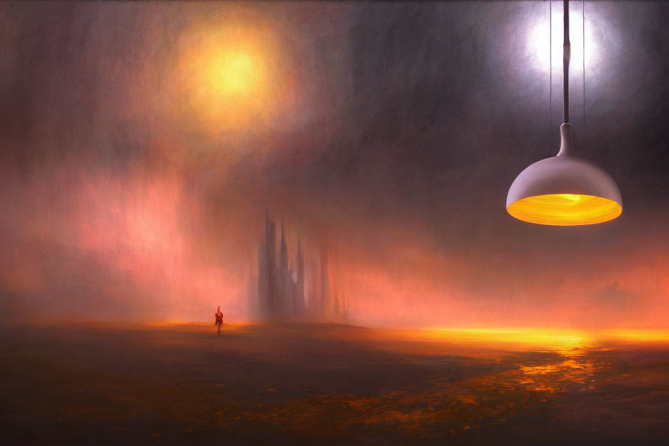 Person in surreal landscape under gigantic hanging lamp in glowing orange hue.