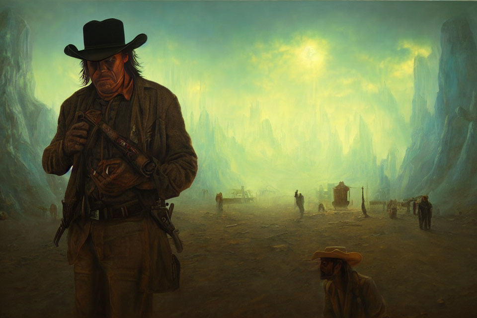 Rugged cowboy with rifle in western town and rock formations