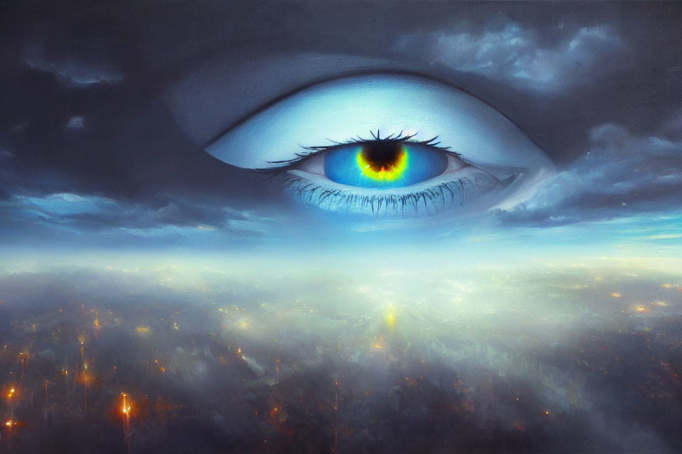 Gigantic eye overlooks city at dusk with swirling clouds and warm city lights