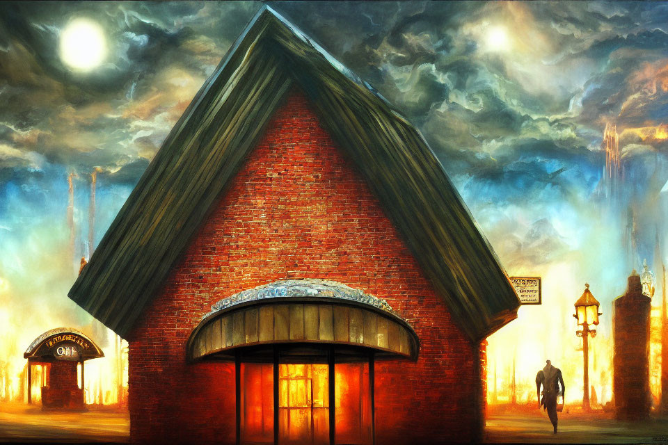 Surreal painting of man walking to glowing windows under dramatic sky