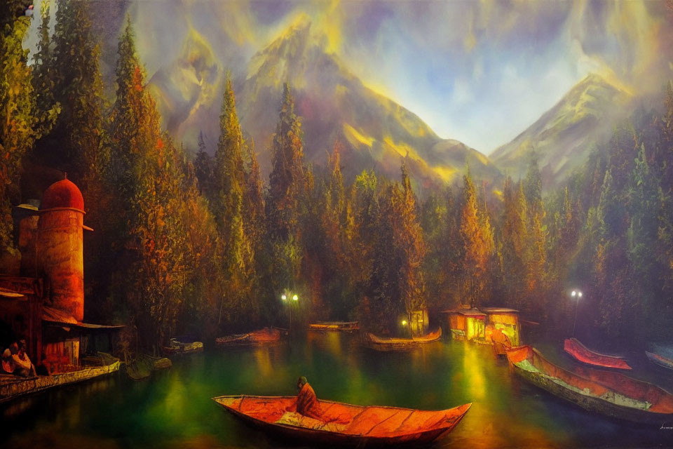 Scenic painting of mountain lake at sunset with boats and people