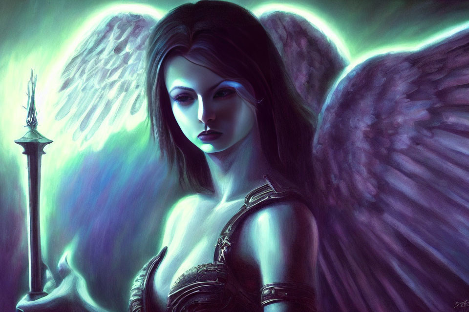 Fantasy digital artwork of dark-haired female character with wings and armor in green-toned setting