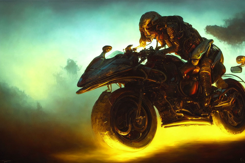 Futuristic armored rider on sleek motorcycle in misty golden scene