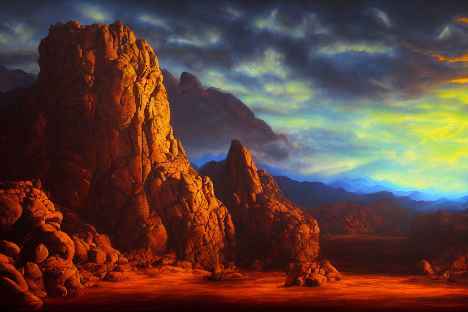 Vibrant sunset sky over towering rocky landscape