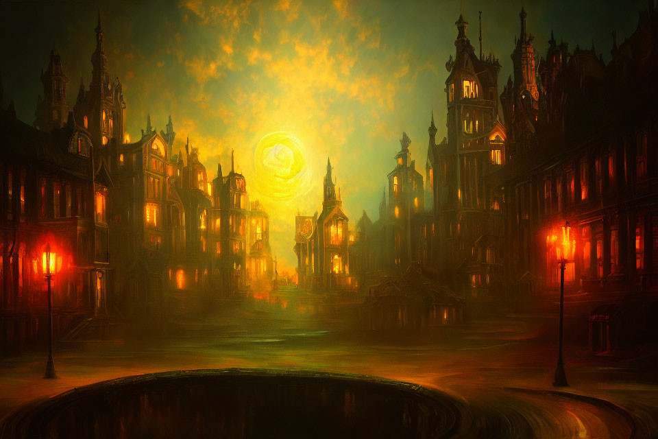 Gothic cityscape at dusk with glowing streetlights and swirling sky