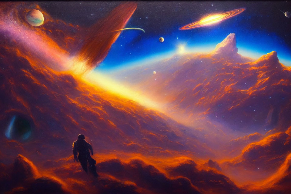 Person on fiery alien landscape views vibrant cosmic vista