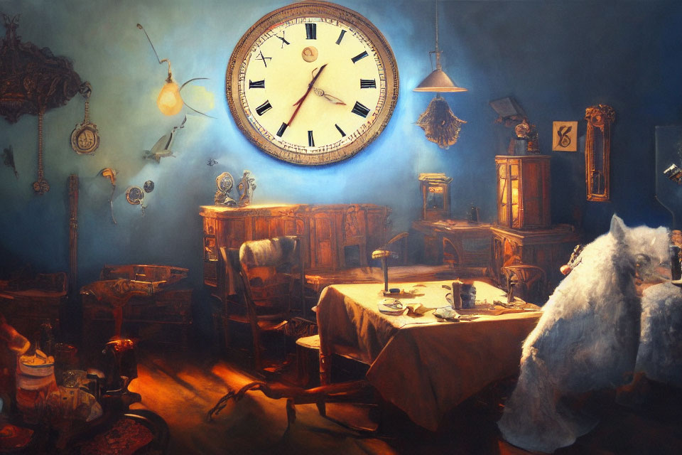 Whimsical room with floating objects, large clock, vintage furnishings, and ethereal cat-like creature