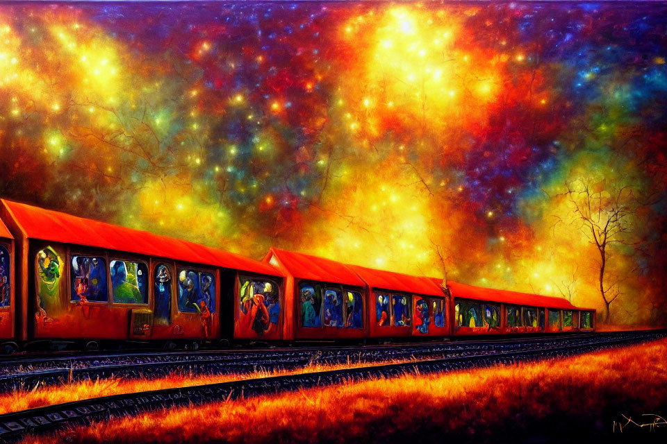 Colorful Train Painting Against Cosmic Starry Background