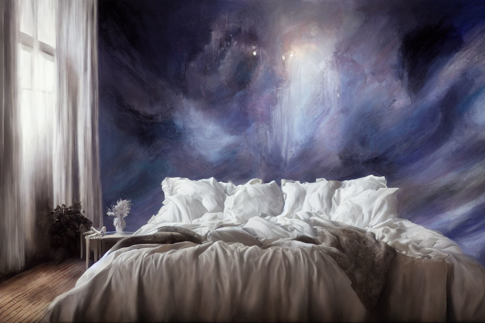 Unmade Bed with White Linens in Room with Nebula Wall Mural