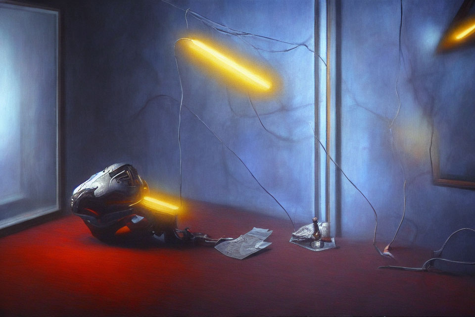 Room with Red Carpet, Blue Walls, Neon Light Tube, Tangled Wires, Helmet, and